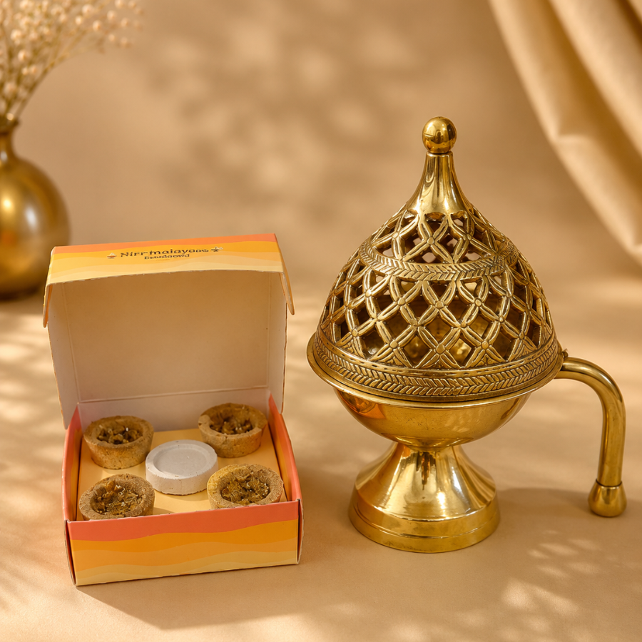 Brass Dhuni with 4  Cow Dung Havan Cups