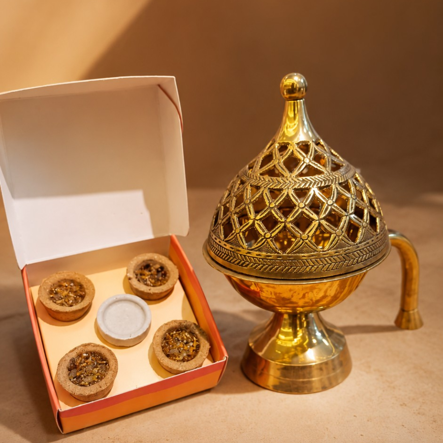 Golden Brass Dhuni with 4 Sambrani Havan Cups