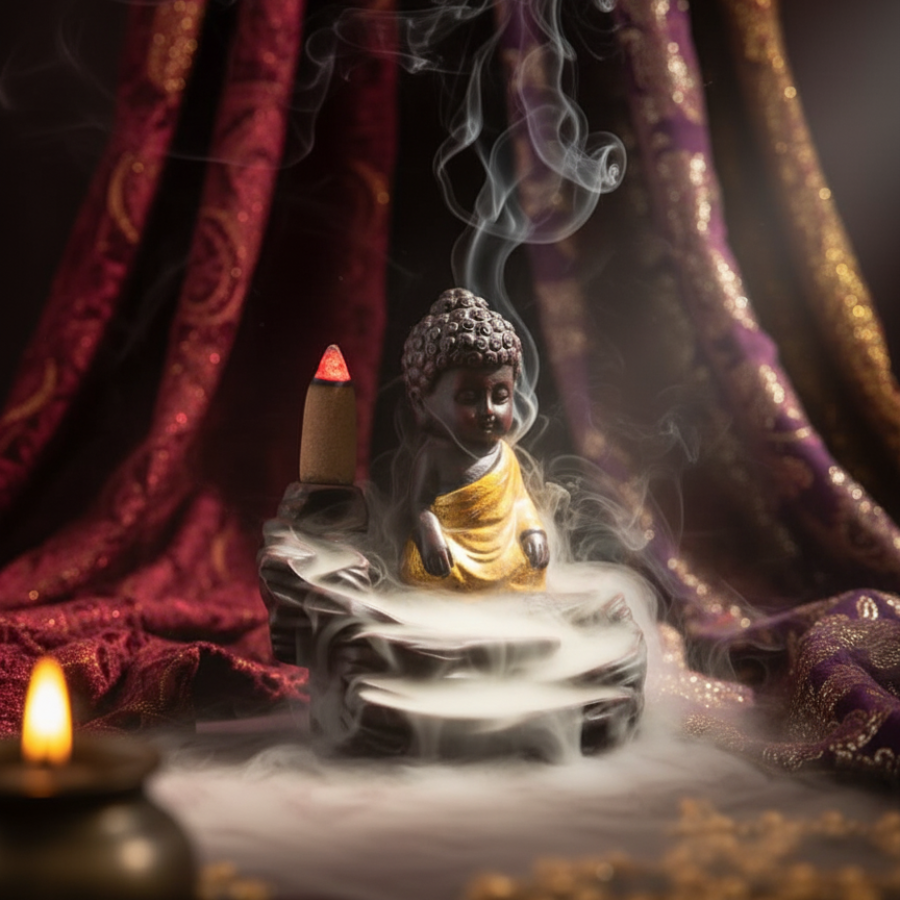 Lord Buddha Idol Backflow Cone Incense Holder (Black)